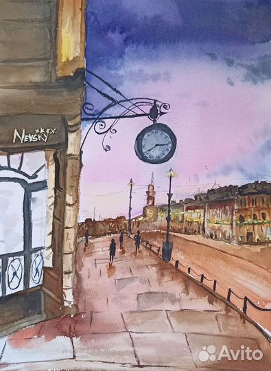 Картина акварелью. Утренний Санкт-Петербург