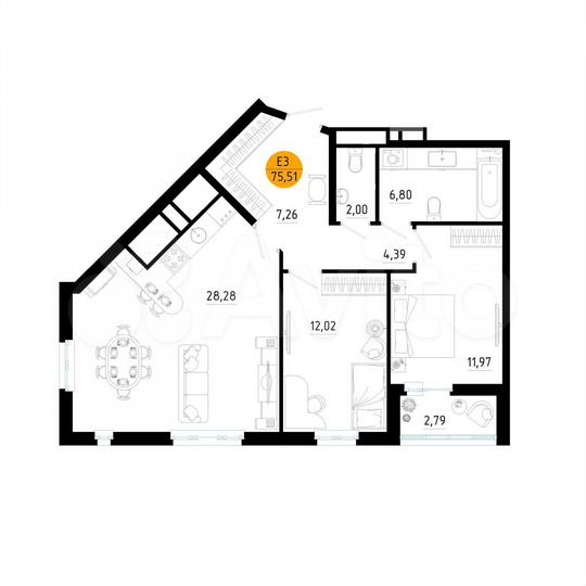 2-к. квартира, 75,5 м², 10/25 эт.