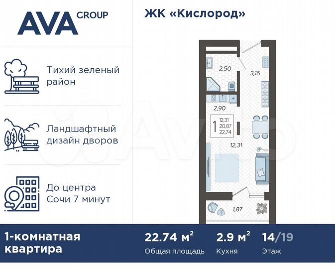 Квартира-студия, 22,7 м², 14/19 эт.