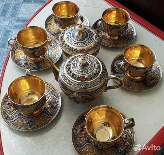 Чайный сервиз серебро с позолотой 875 проба