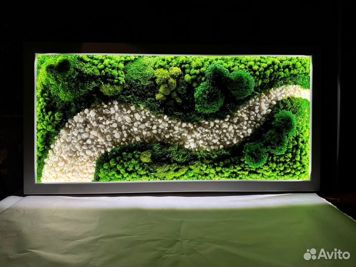 Уникальное панно 50х100 см Мох + подсветка, декор для интерьера