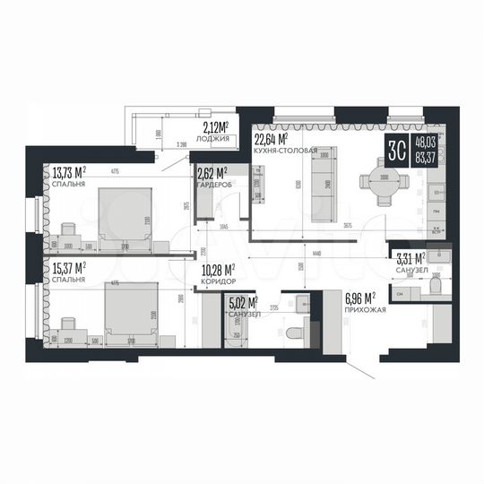 3-к. квартира, 83,4 м², 4/15 эт.