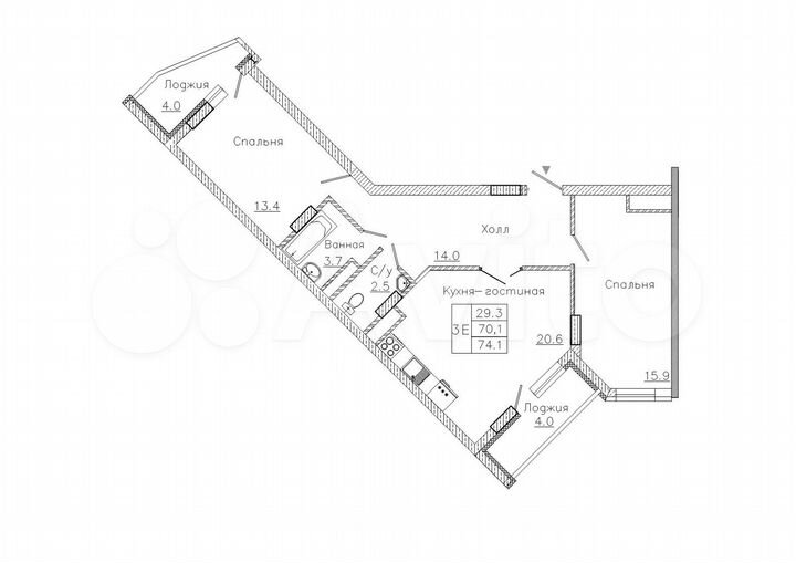 2-к. квартира, 74,1 м², 18/18 эт.