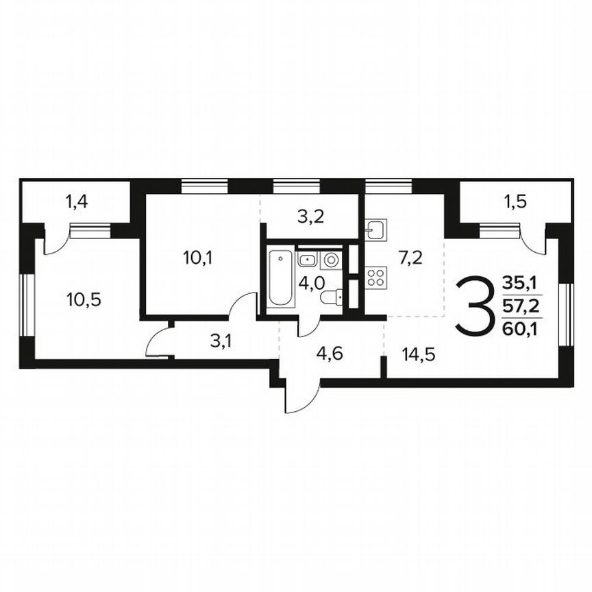3-к. квартира, 60,1 м², 9/12 эт.