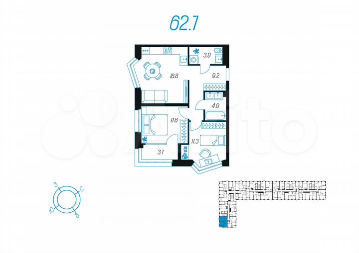2-к. квартира, 62,7 м², 7/24 эт.