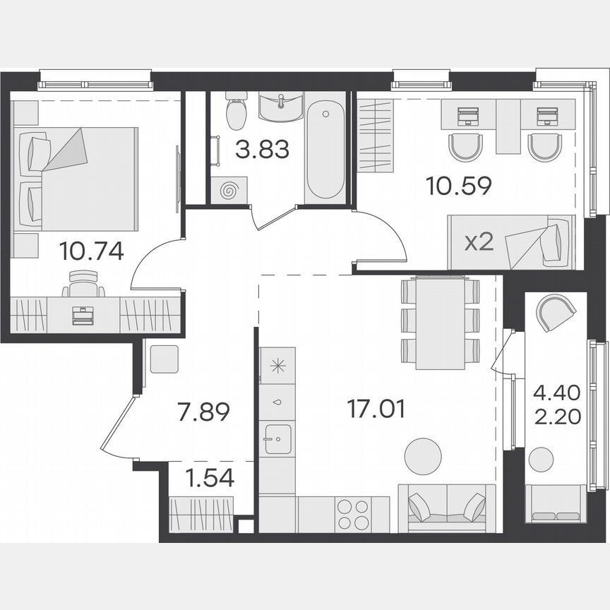 2-к. квартира, 53,8 м², 12/15 эт.