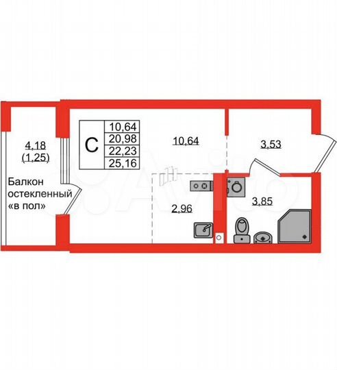 Квартира-студия, 22,2 м², 9/9 эт.