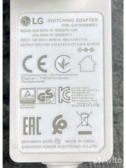 Блок питания для монитора LG 19V/3.42A (65W) 6.5x4
