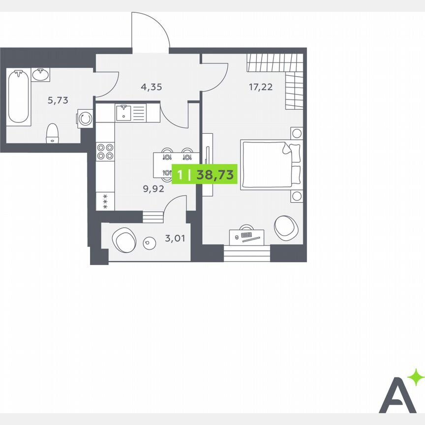 1-к. квартира, 38,1 м², 2/12 эт.