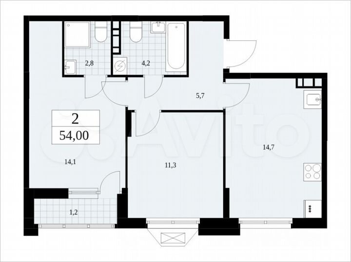 2-к. квартира, 54 м², 4/16 эт.