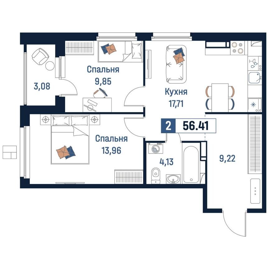 2-к. квартира, 56,4 м², 16/18 эт.