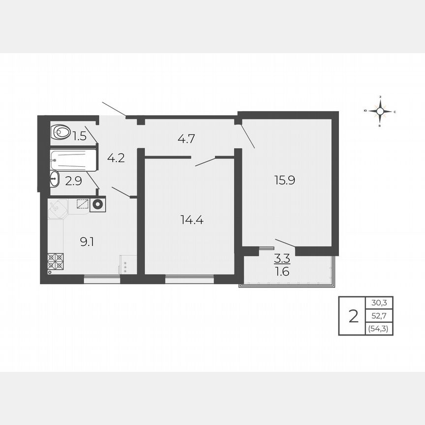 2-к. квартира, 54,3 м², 5/5 эт.