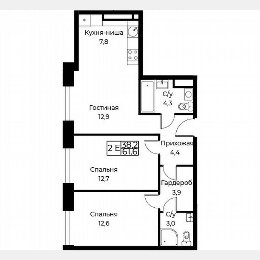 2-к. апартаменты, 61,6 м², 11/30 эт.