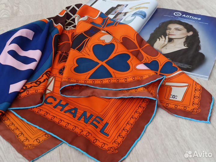 Платок Chanel Оранж шелк ручной край 3цв