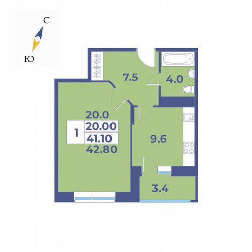 1-к. квартира, 42,8 м², 6/9 эт.