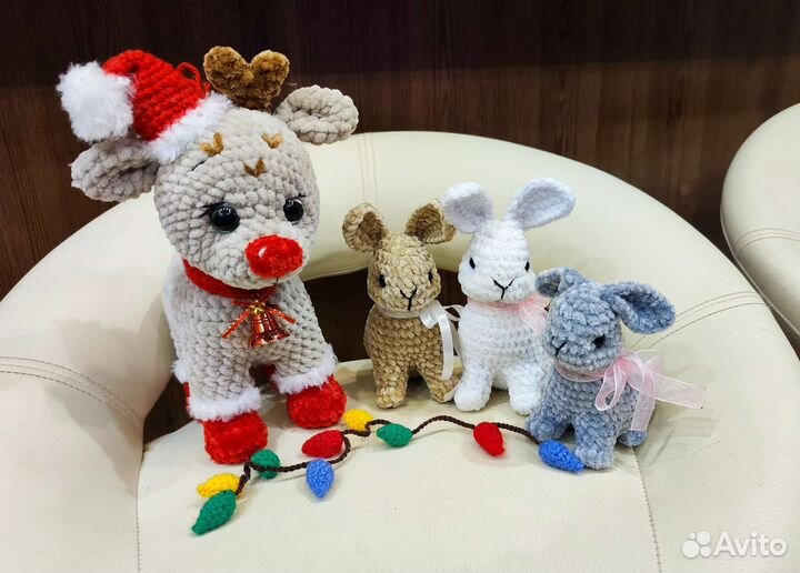 Игрушки крючком. Зайчик, спаниель, бульдог,бычок