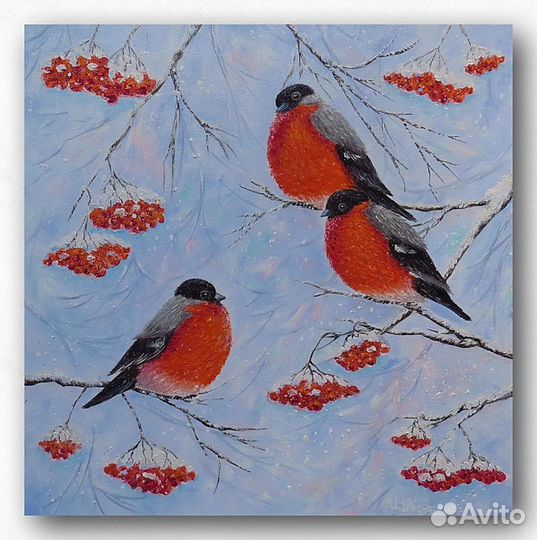 Картина снегири Зимний пейзаж с птицами на рябине