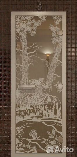 Дверь стеклянная для бани бронза Мишки 190х70