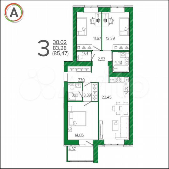 3-к. квартира, 85,8 м², 3/10 эт.