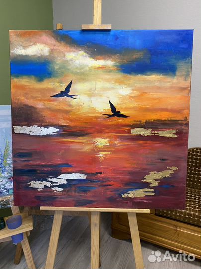Картина маслом с ласточками «Закат на озере»