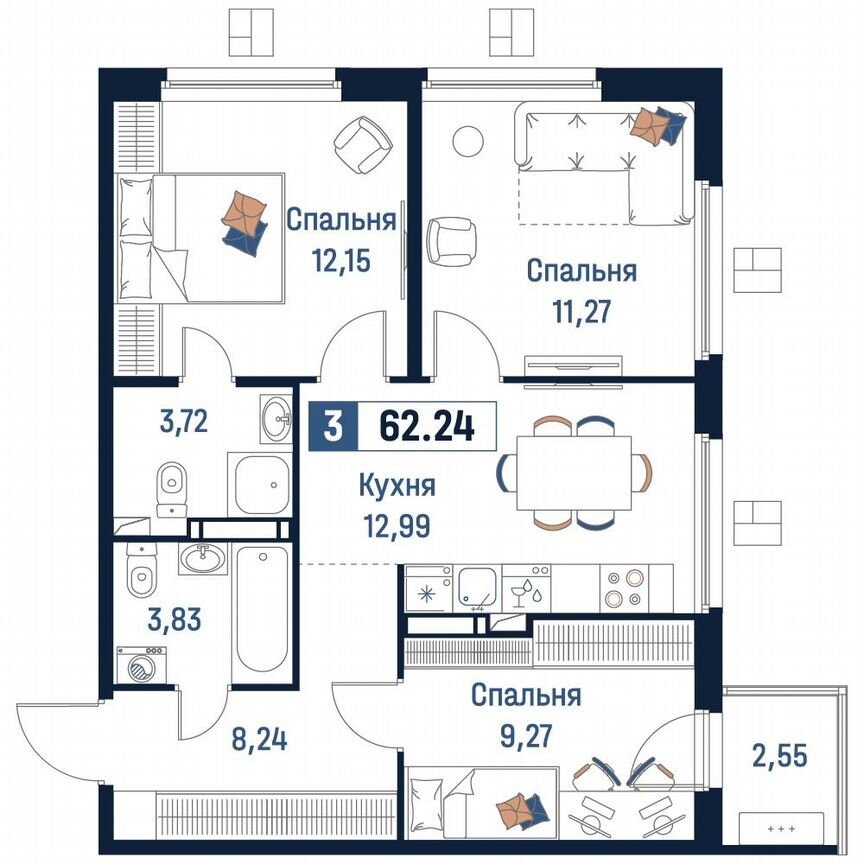 3-к. квартира, 62,2 м², 7/18 эт.