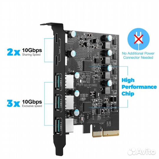 Карта PCI-E 4X, USB 3,2, 20 Гбит, Gen 2, 5 портов