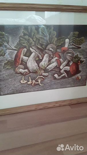 Картина линогравюра,гравюра, Грибы,подпись автора