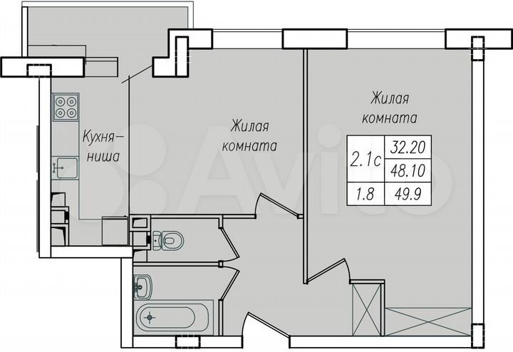 2-к. квартира, 49,9 м², 2/10 эт.