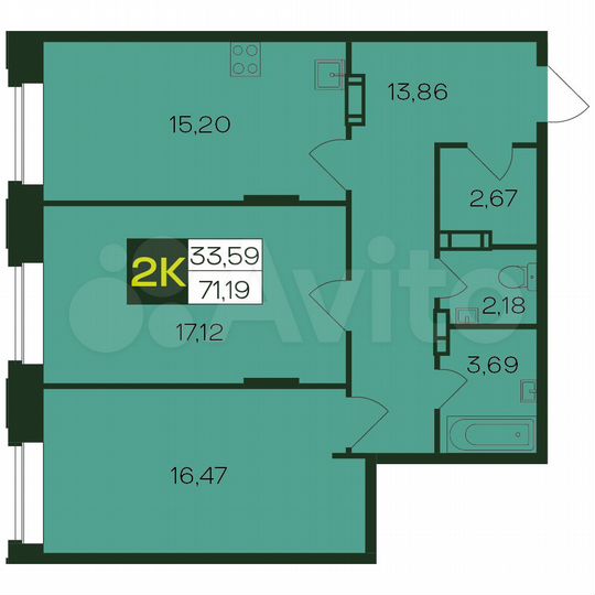 2-к. квартира, 71,8 м², 10/12 эт.