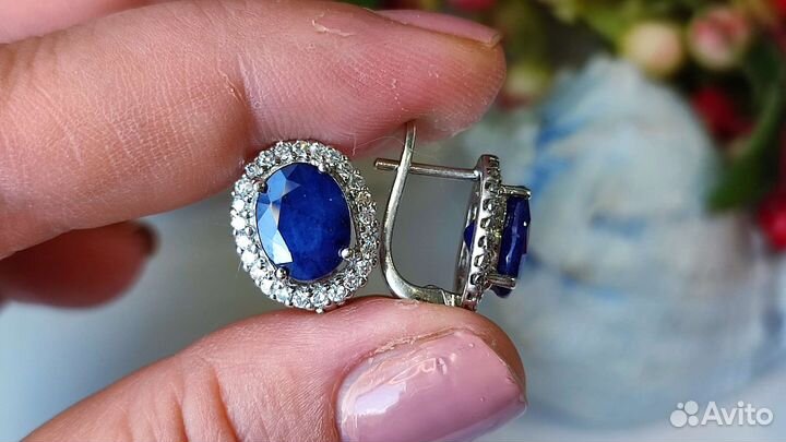 Серьги с крупными сапфирами 6,3 ct, 15*12 мм 925
