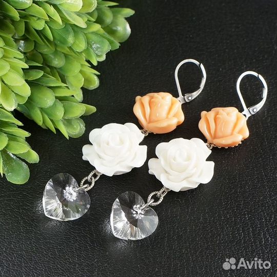 Серьги Белые Розовые Чайные Розы Сердечки Кристалл