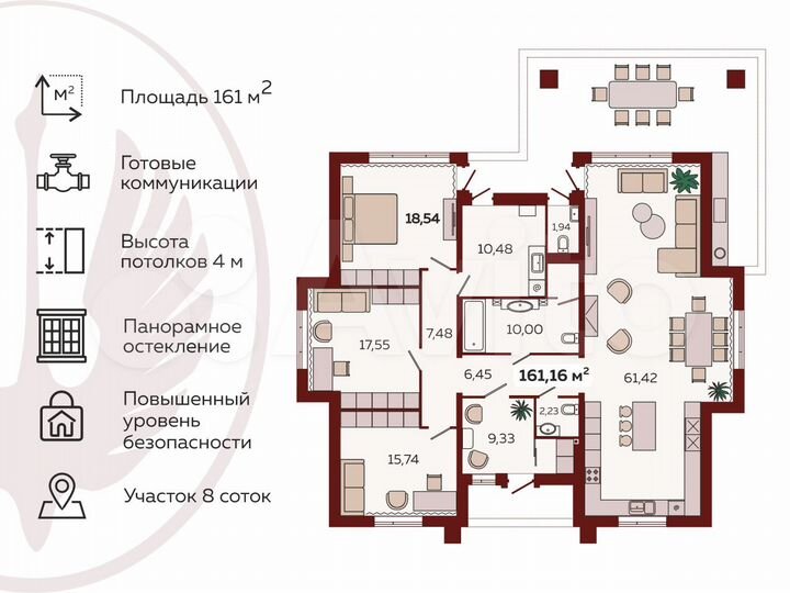 Дом 160 м² на участке 8,2 сот.