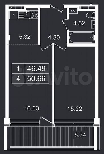 2-к. апартаменты, 50,7 м², 2/8 эт.