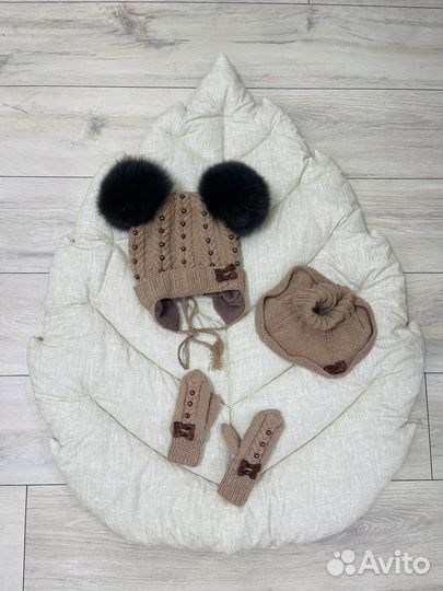 Шапка снуд варежки для девочки 50-52р