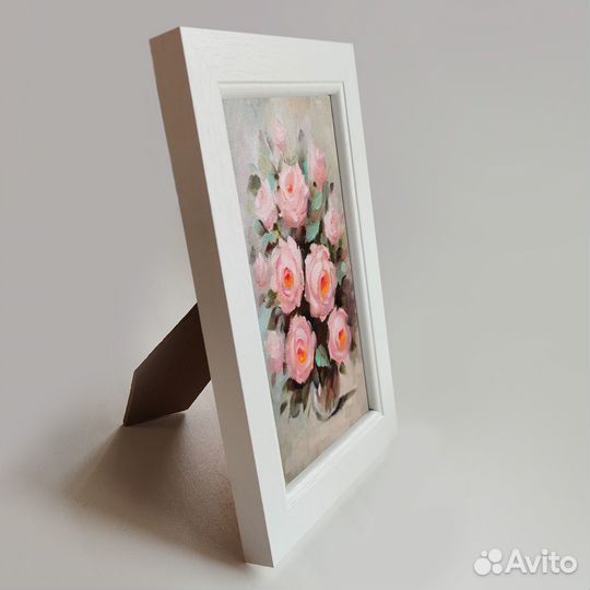 Картина холст, масло цветы Розы 10х15 рама