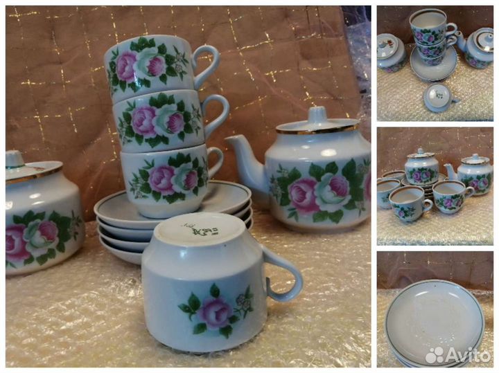 Чайный набор Шиповник, Вербилки, 4 перс, 80годы,бу