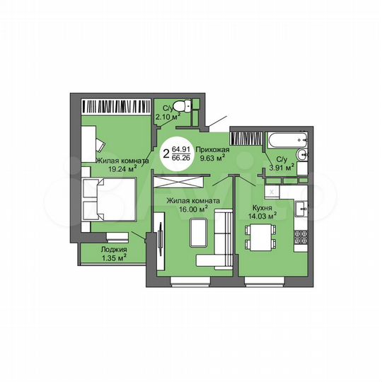 2-к. квартира, 66,3 м², 10/17 эт.