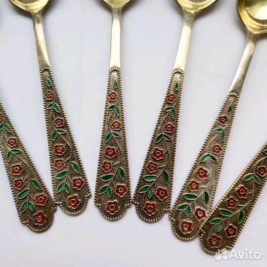 Серебряные винтажные антикварные чайные ложки эмал