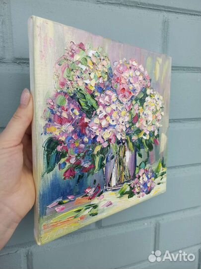 Картина гортензии в вазе маслом на холсте цветы