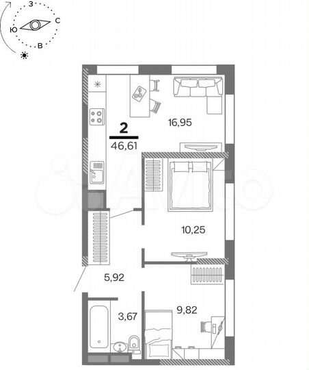 2-к. квартира, 46,6 м², 14/25 эт.