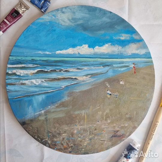 Картина маслом на круглом холсте морской пейзаж