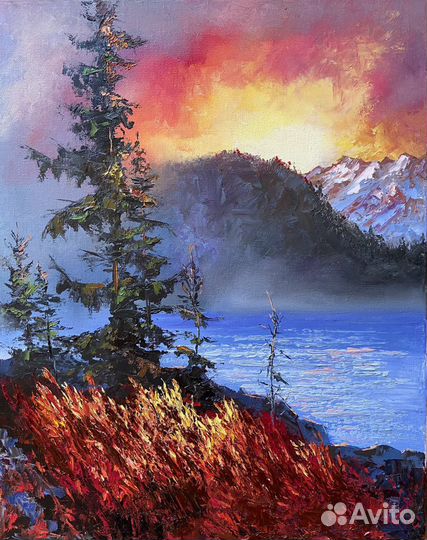 Картина маслом Закат, горы, ели 50х40 см холст на