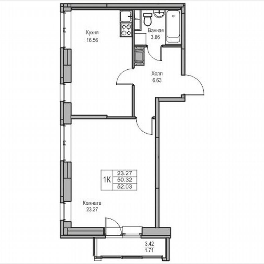 1-к. квартира, 52 м², 19/23 эт.
