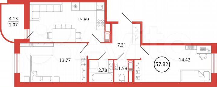 2-к. квартира, 57,8 м², 7/12 эт.