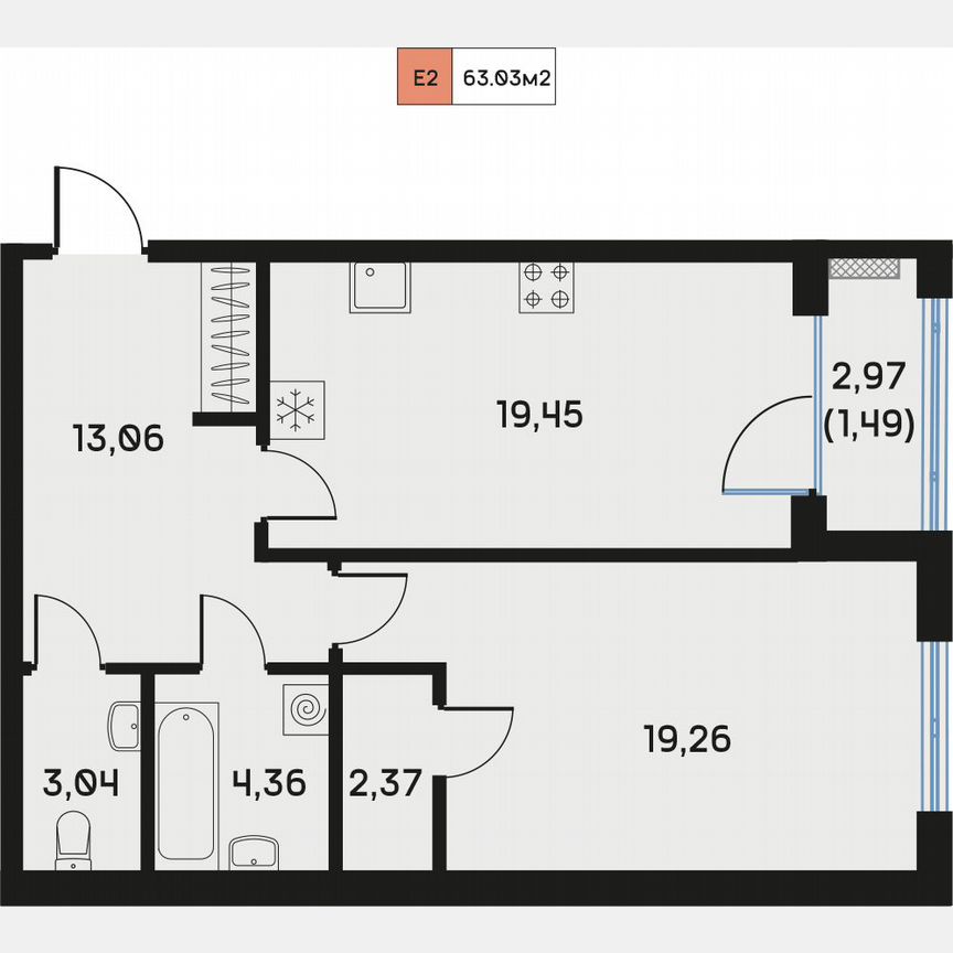 1-к. квартира, 63,2 м², 2/9 эт.