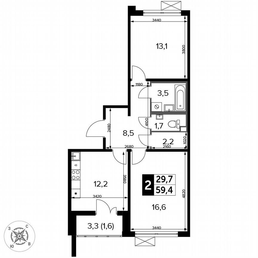 2-к. квартира, 59,4 м², 10/15 эт.