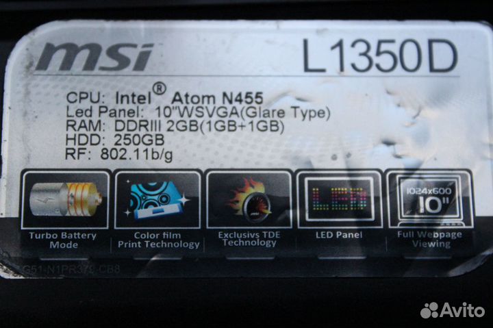 Нетбук MSI L1350D Intel Atom N455 HDD 250Gb