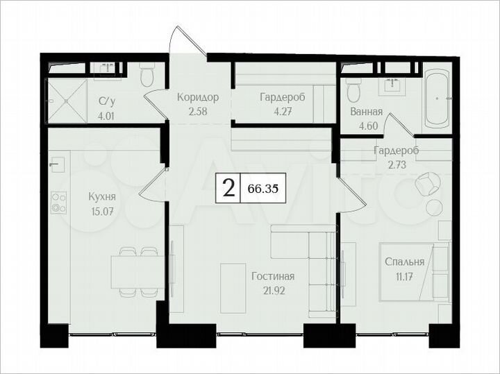 2-к. квартира, 66,4 м², 5/17 эт.