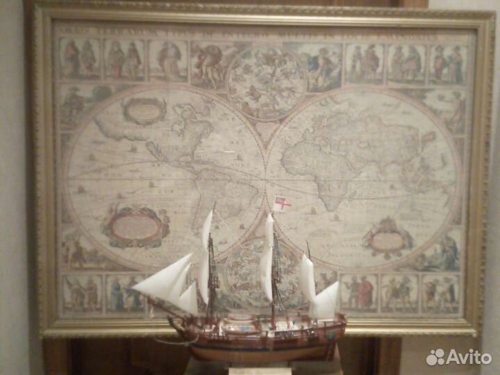 Карта мира на стену, модель парусника
