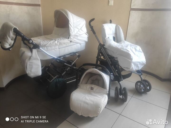 Детская коляска 2 в 1, с двумя шасси, эко-кожа